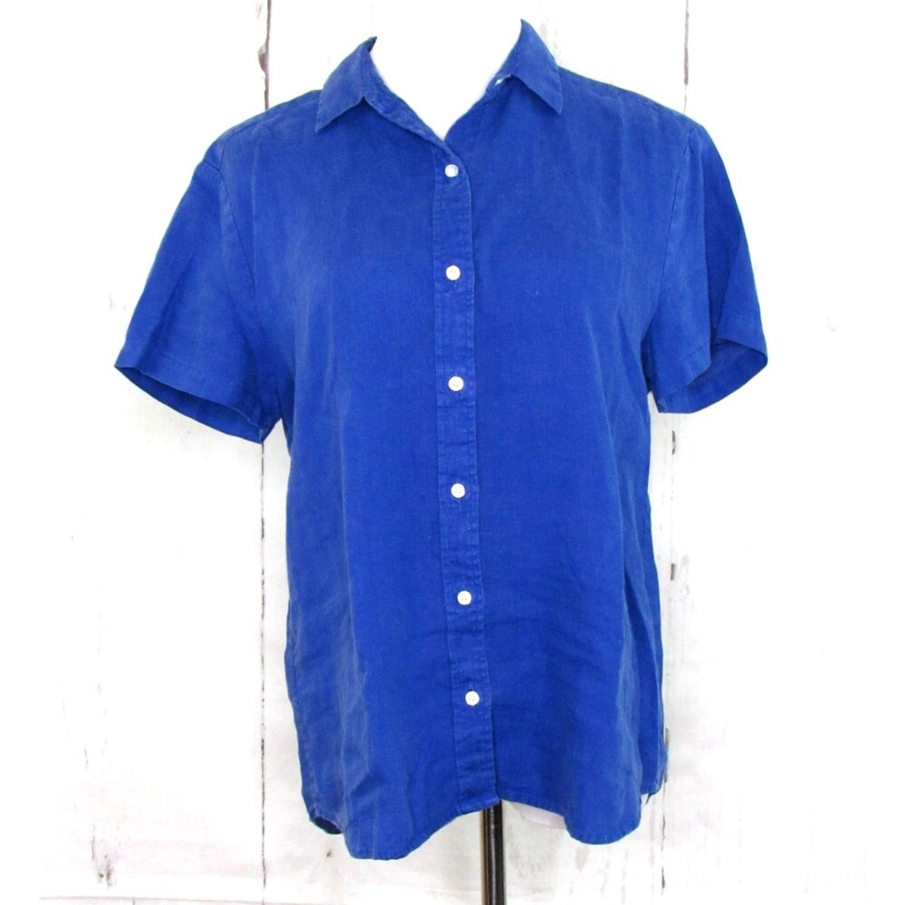 Tommy Bahama Women's Button Up Blouse Short Sleeve Linen Blue Coastal Size M
